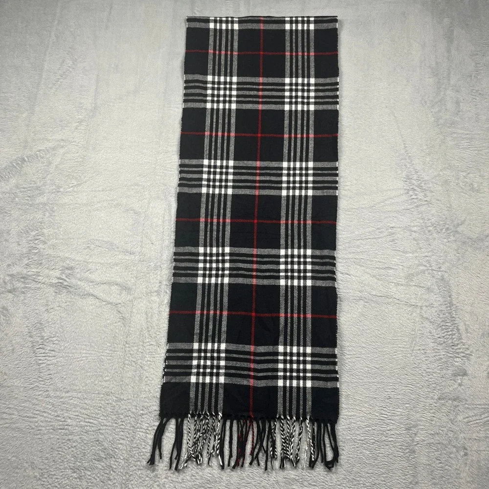 Cashmere Blend Italian Design Plaid Scarf Black Red White Fringe Winter Wrap